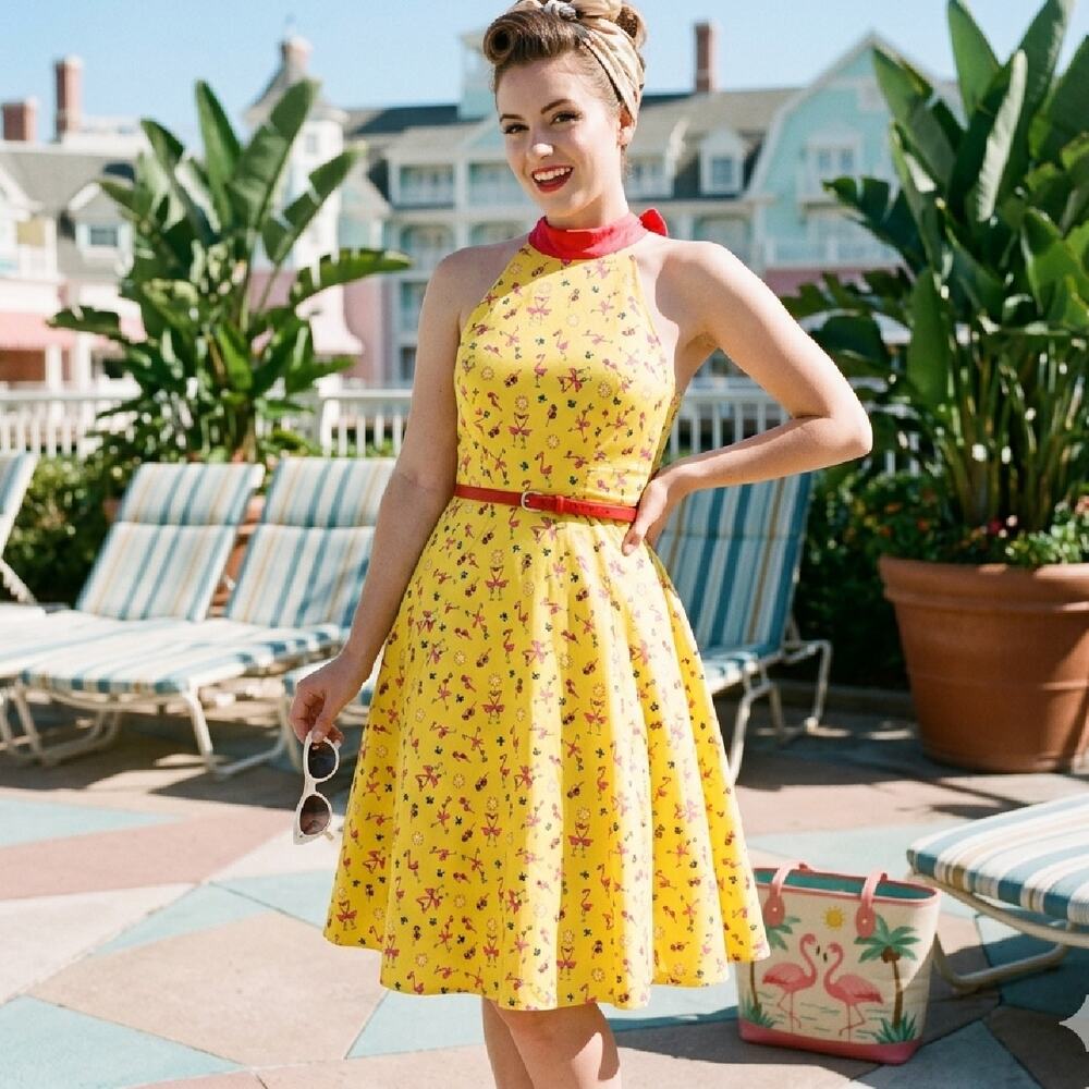 NEW DISNEY Dress Shop Flamingo Run Retro Halter Midi Dress  XS Yellow Pink